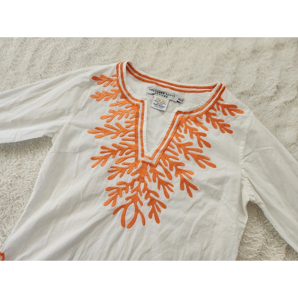 Gretchen Scott Designs White Orange Coral Embroidered Cotton Tunic Top Small S